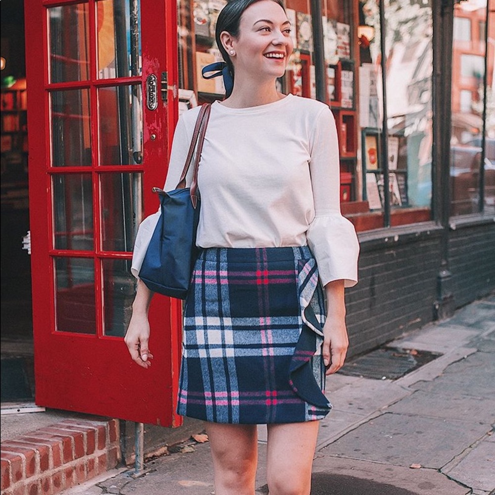 J. Crew Plaid Ruffle Double-Serge Wool Skirt